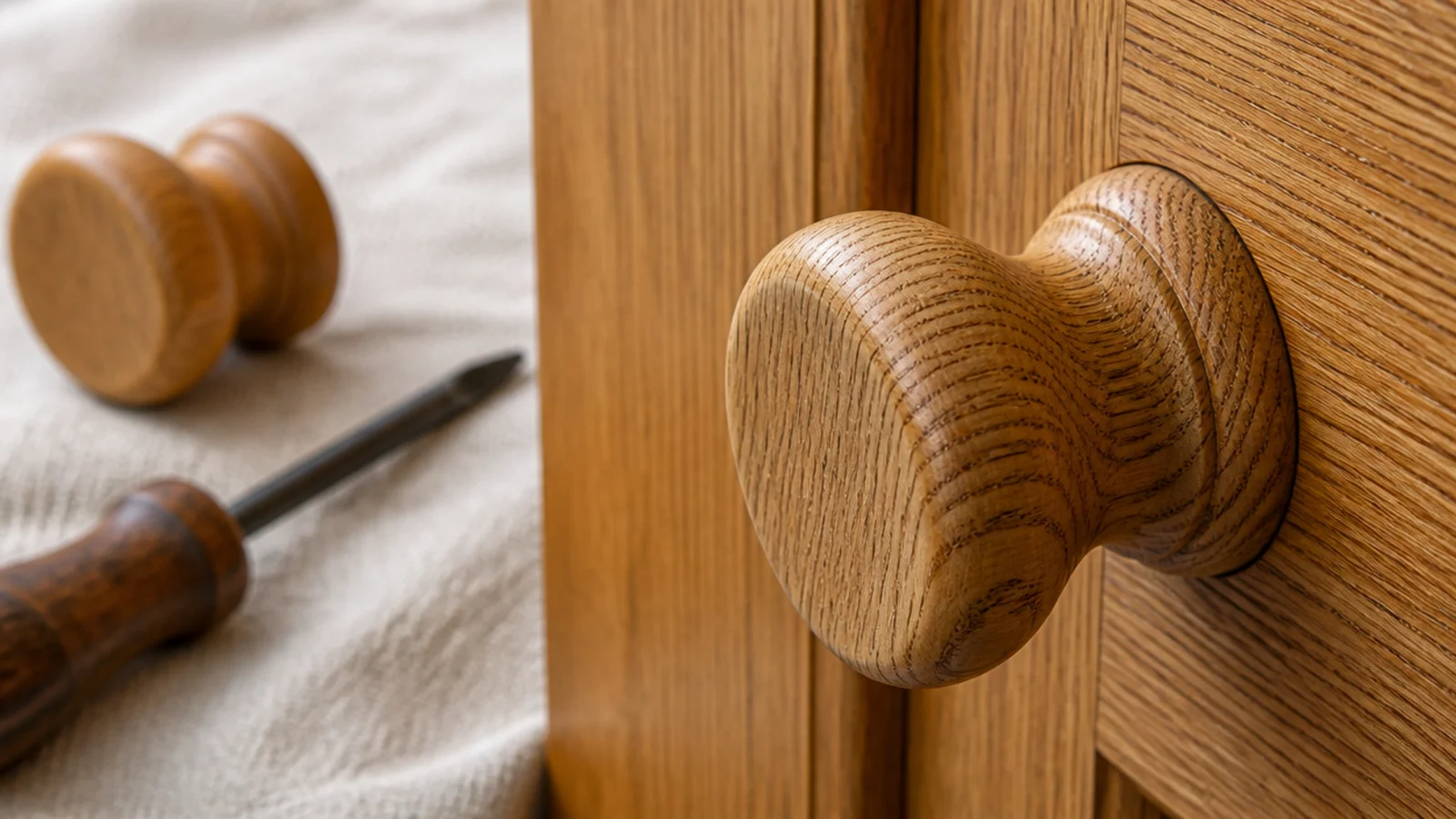 small turned timber knob fitted to a wooden shoe cabinet door