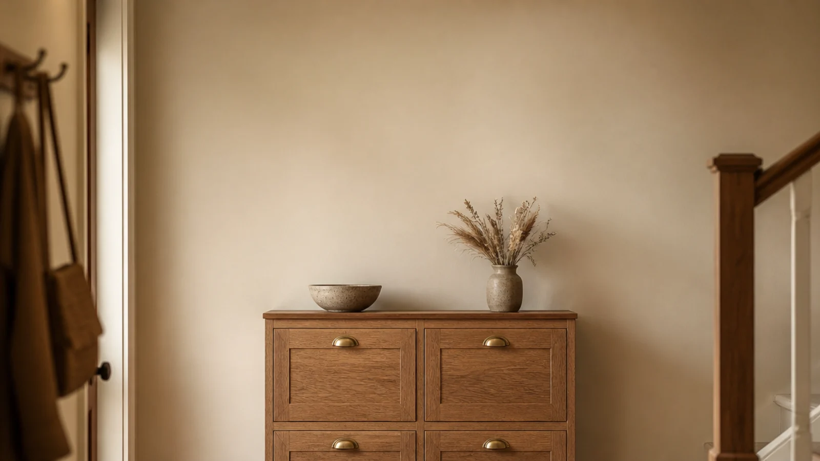 vertical hallway view of a solid oak shoe cabinet with brass pulls