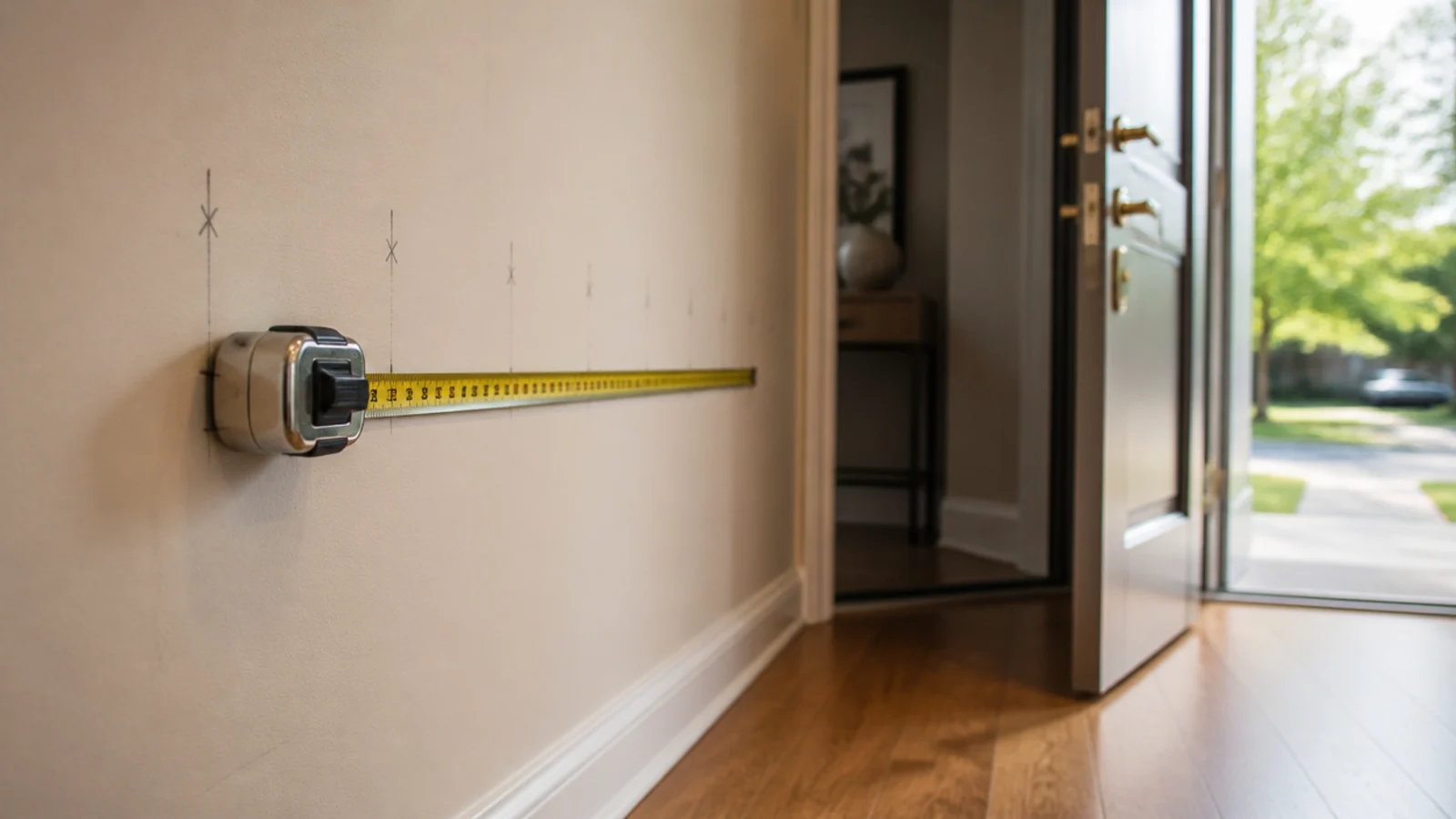 tape measure across an entryway wall with the front door standing open