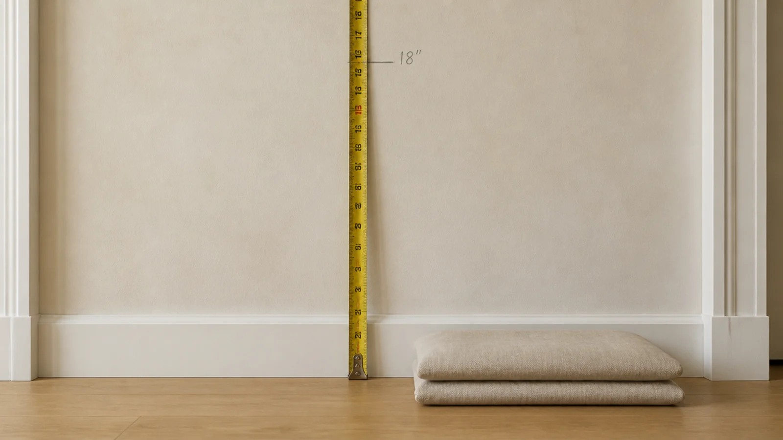 tape measure showing eighteen inch bench height against a wall