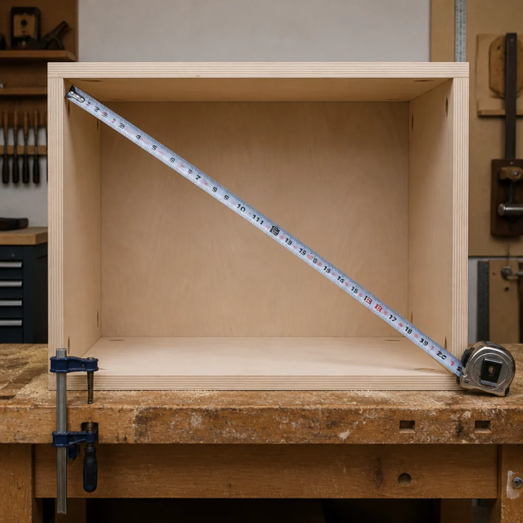 tape measure checking diagonals of a plywood carcass for square