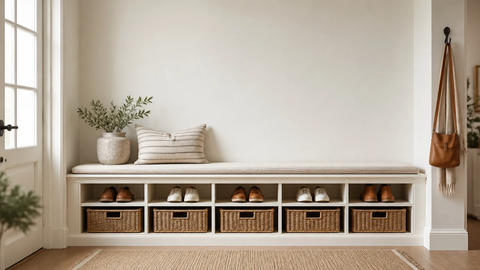 vertical diy shoe storage bench build image with cubbies and baskets