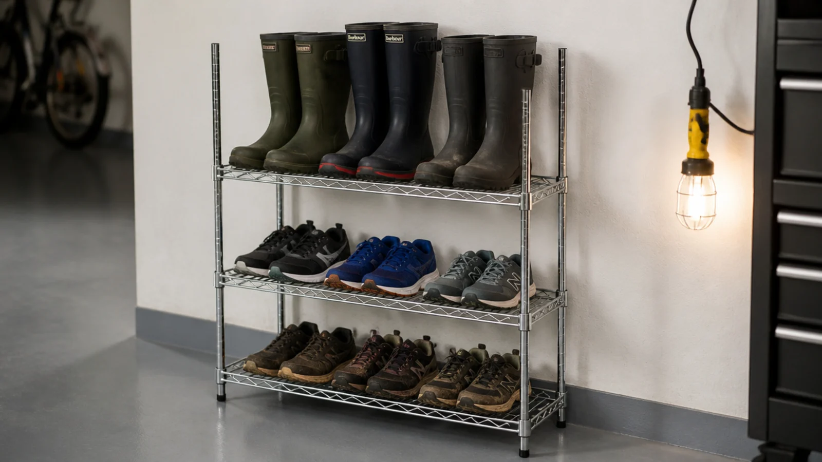 galvanized wire shelving in a garage holding boots that drip dry