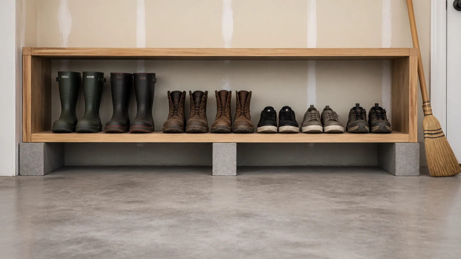 garage shoe shelf raised on blocks above a swept concrete floor