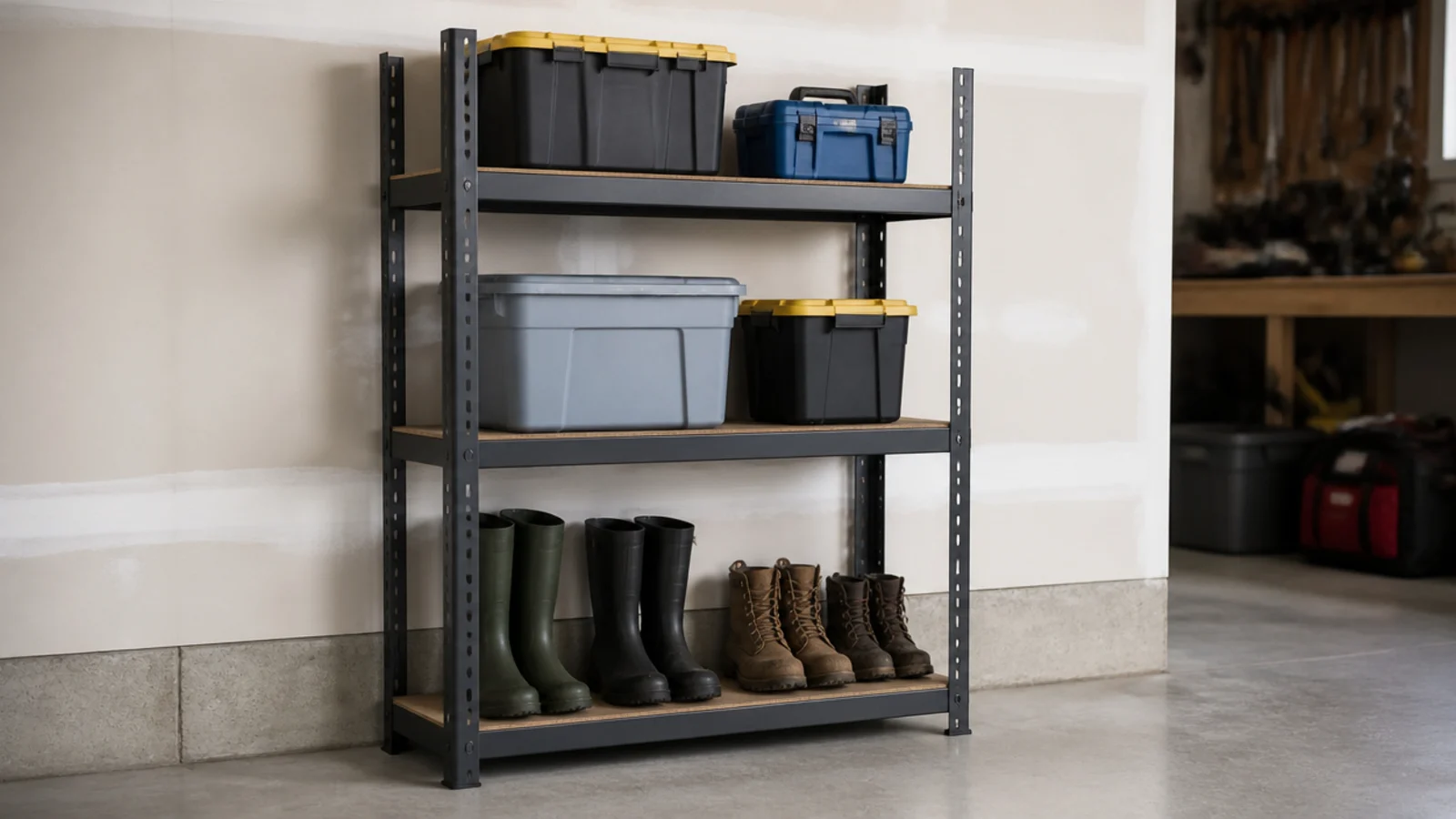 adjustable steel post shelving in a garage stacked with boots and bins