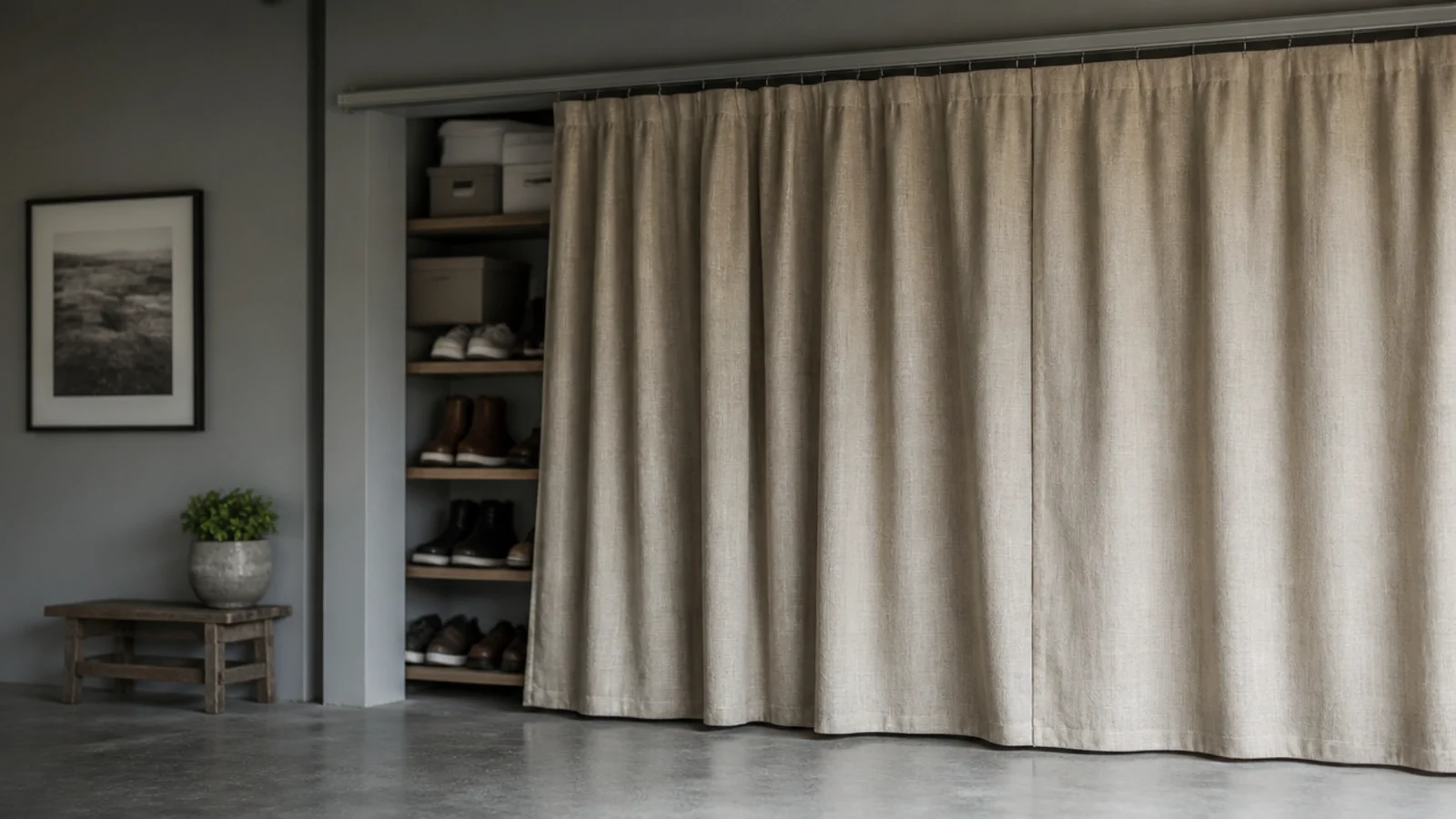 linen curtain drawn across a garage shoe storage wall on a rail