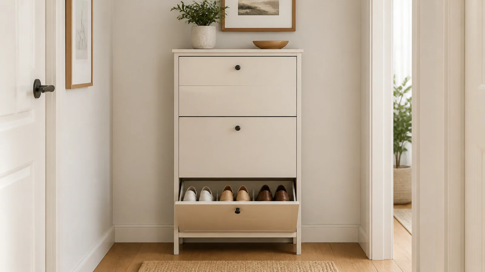 slim tilt out shoe cabinet with one drawer open in a hallway