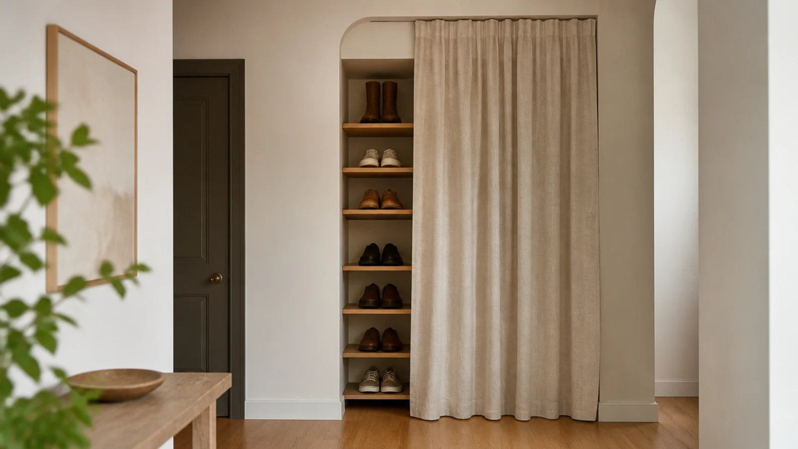 linen curtain on a rail concealing open shoe shelving in an alcove