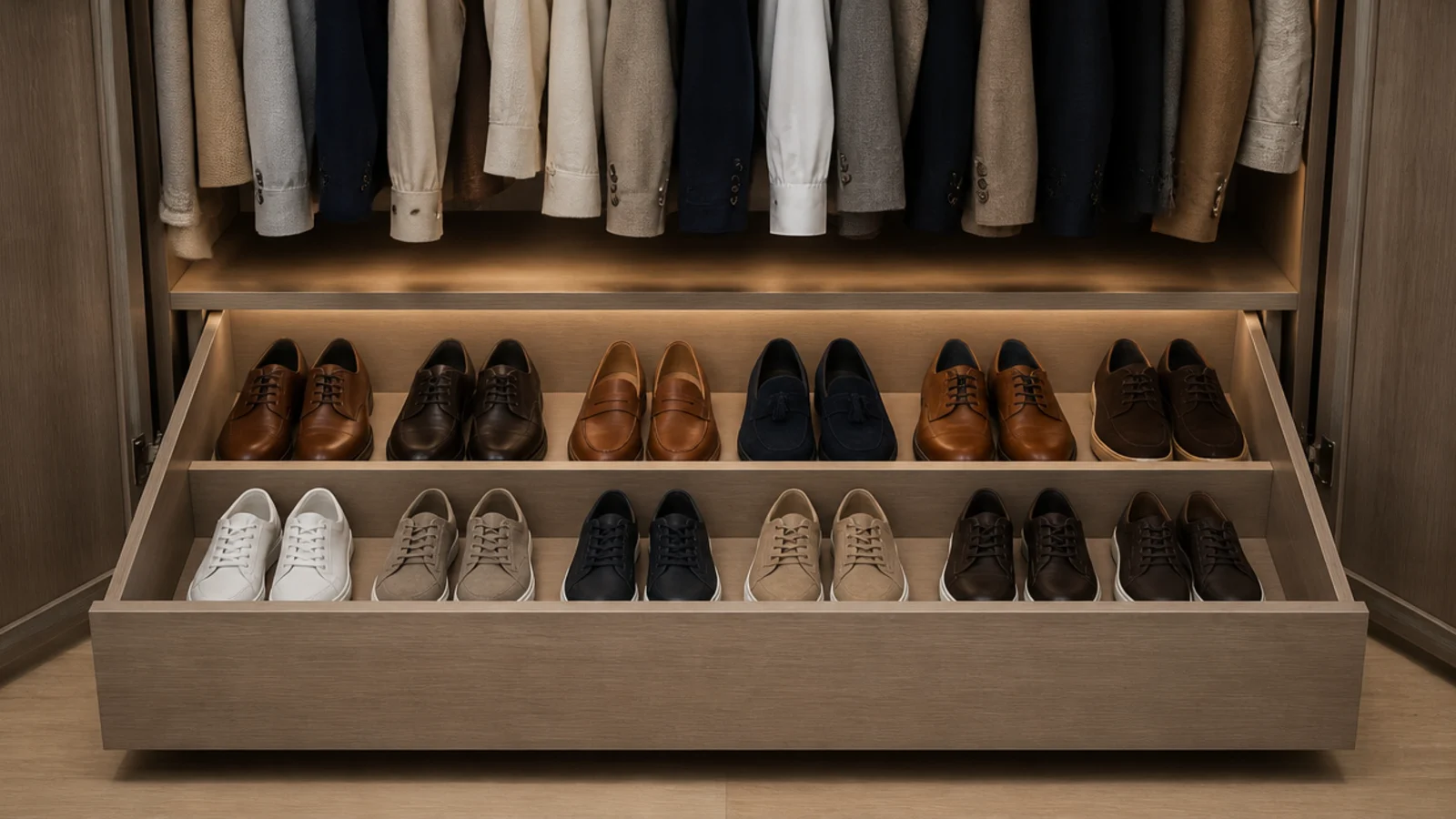 deep drawer in a wardrobe base open showing rows of shoes