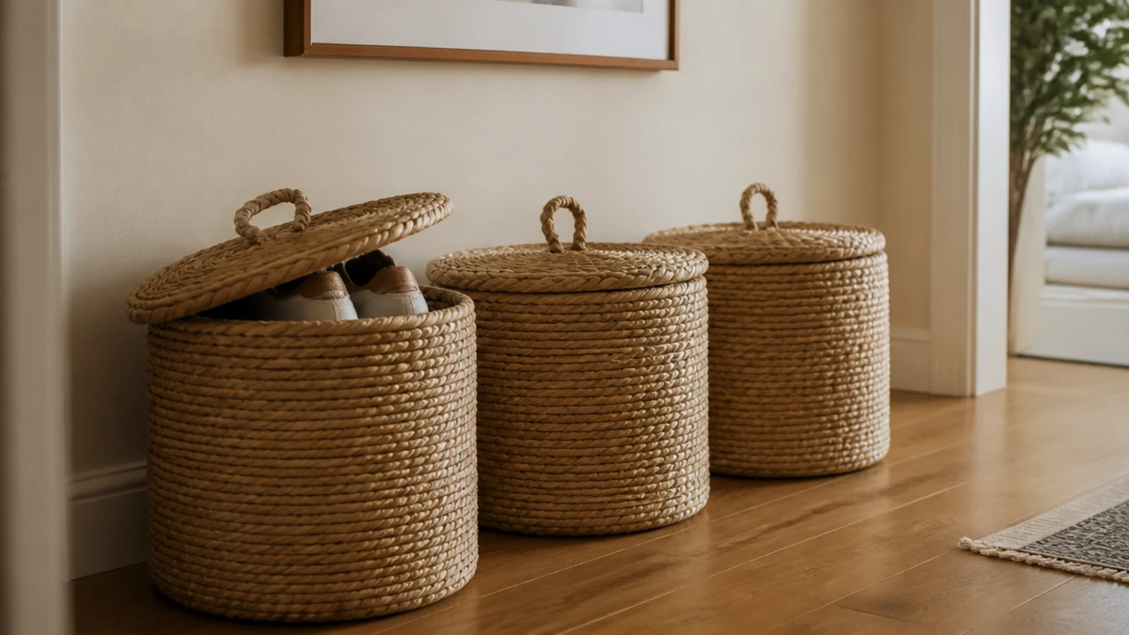 row of lidded woven baskets holding shoes along an entryway wall
