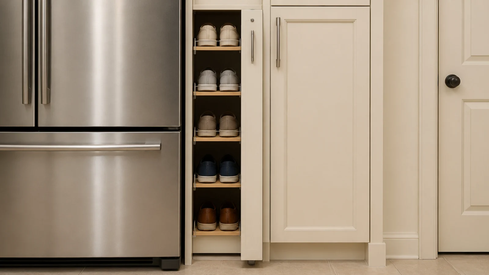 narrow pull out unit beside a fridge holding shoes on shelves
