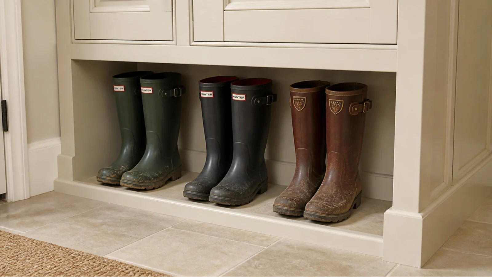tall mudroom bay holding upright rubber and leather boots at floor level