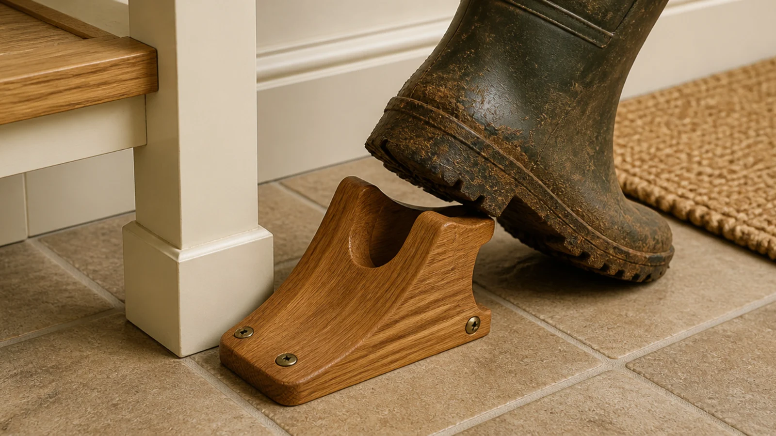 wooden boot jack fixed to a mudroom floor beside a bench leg