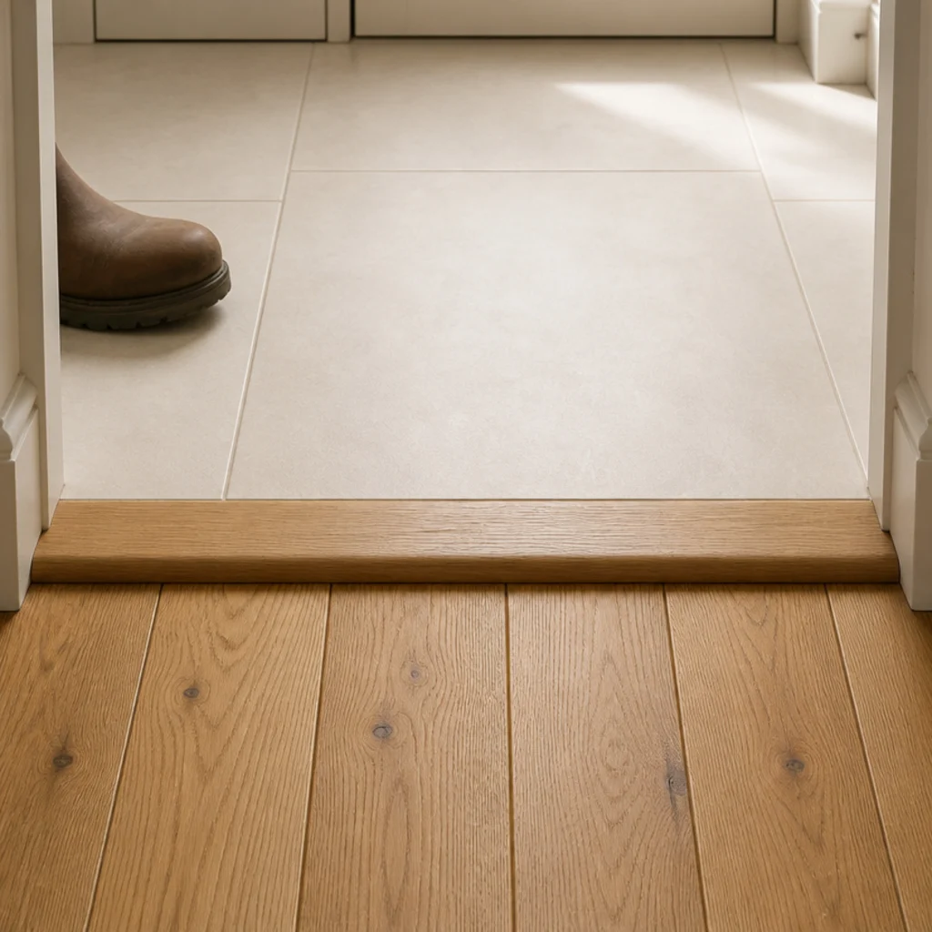 mudroom tiled floor meeting a wood threshold at the interior doorway
