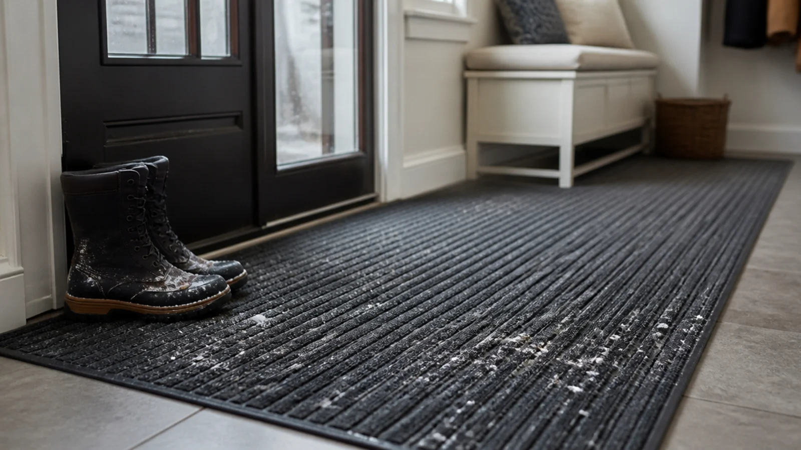 ribbed rubber entry mat inside a mudroom door catching grit and snow