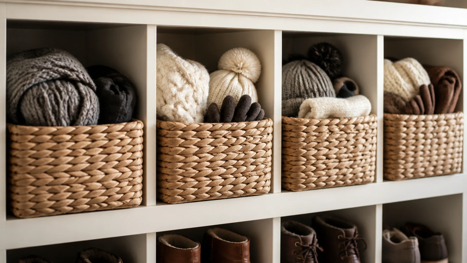woven baskets in upper mudroom cubbies holding hats scarves and gloves