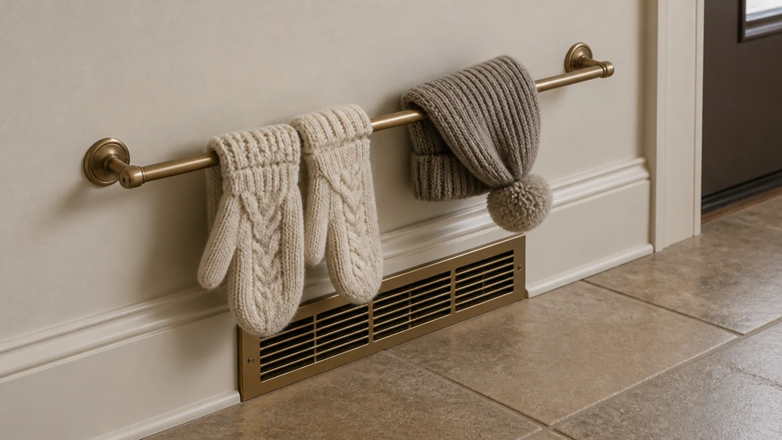 slim brass drying rail mounted above a mudroom heat register with mittens