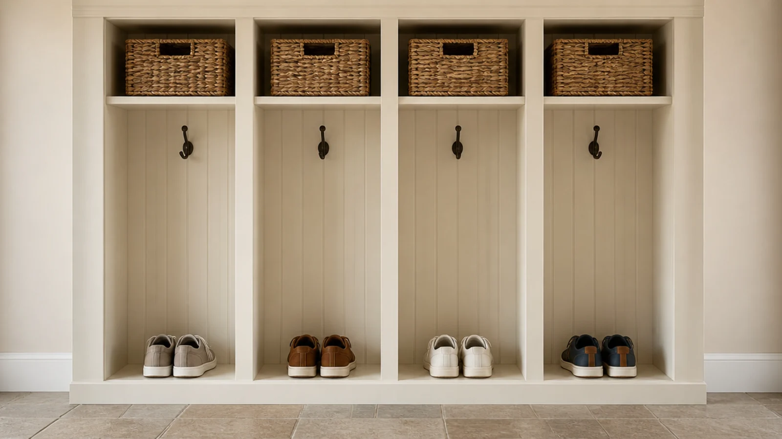 mudroom run divided into equal bays fourteen inches wide per person