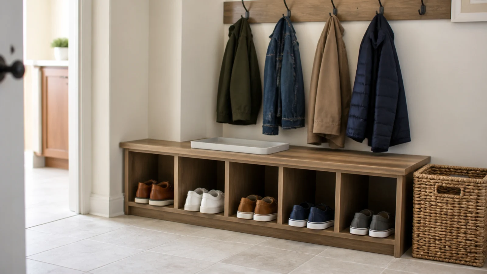tidy mudroom bench and cubby run after a quick weekly reset