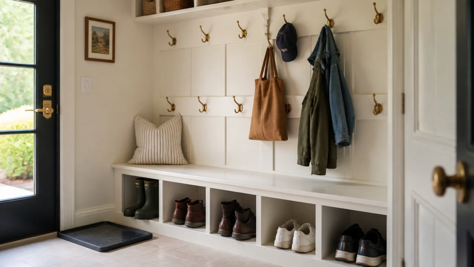 mudroom shoe storage bench with cubbies hooks and a slate drip tray