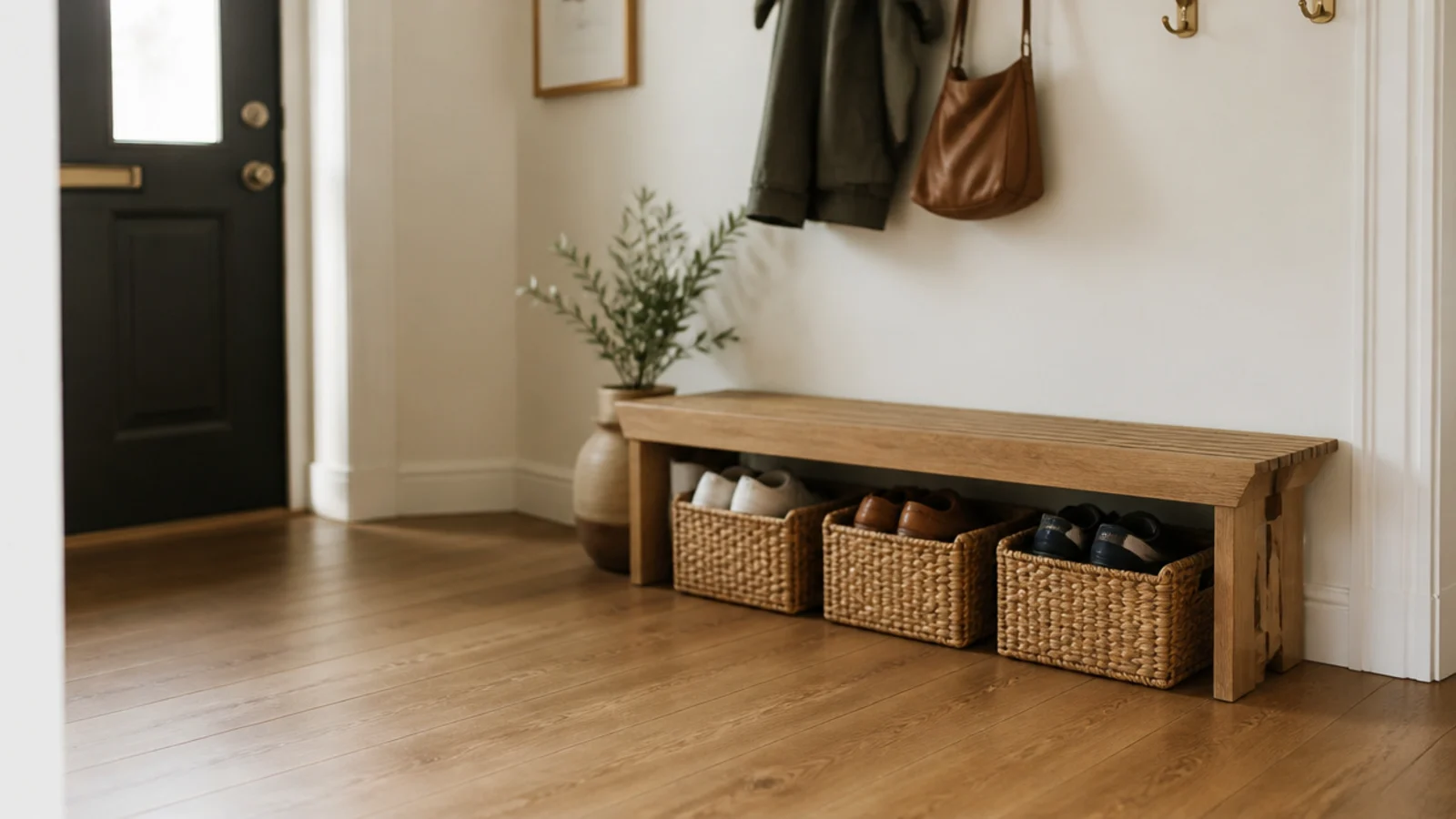 entryway floor cleared of a shoe pile with a low bench and baskets