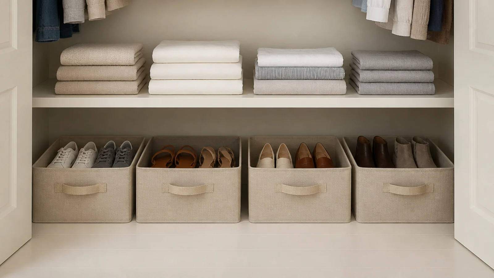 closet floor organised with labelled fabric bins instead of a shoe heap