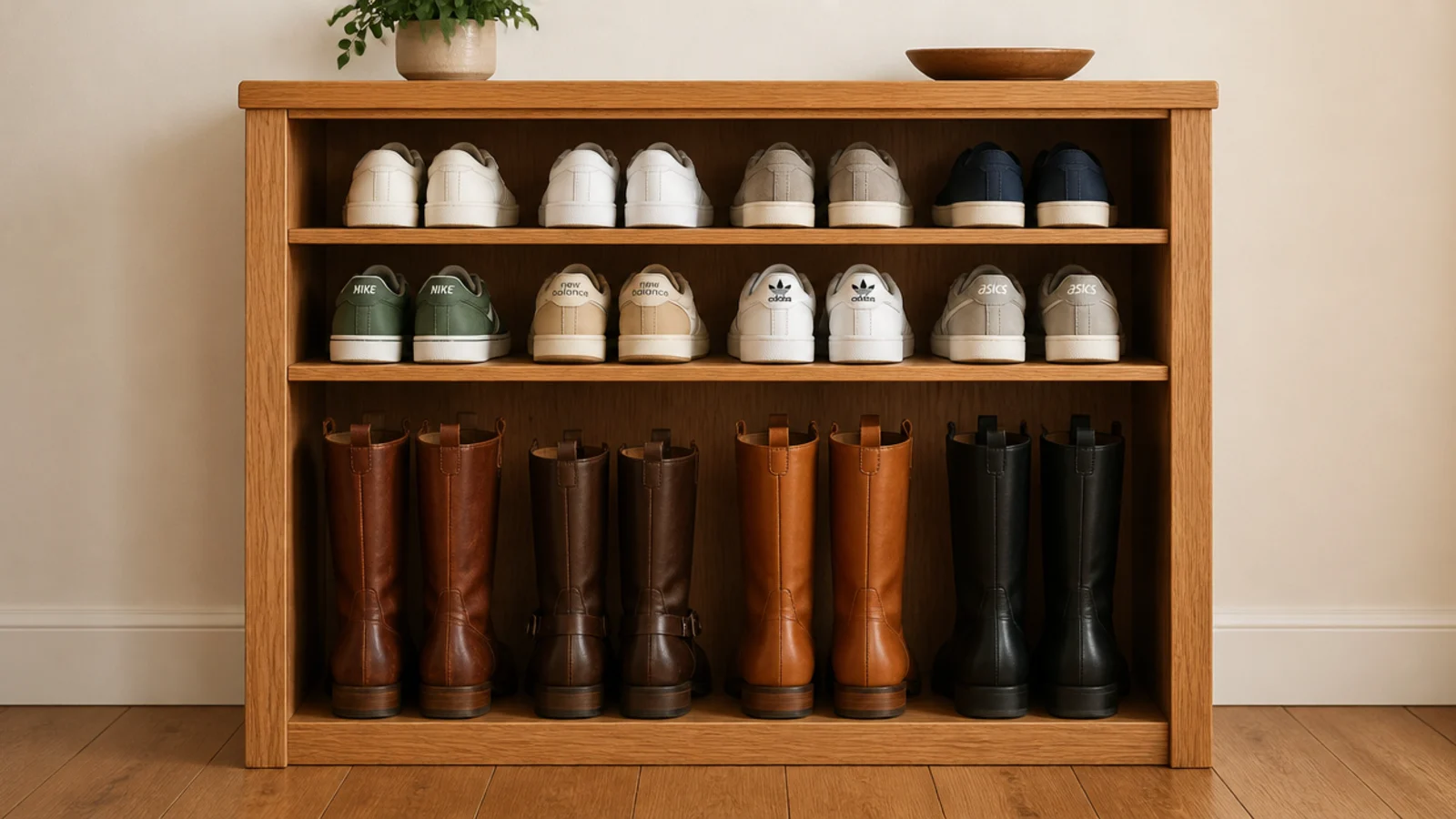 shoe rack rebuilt with one tall boot bay below shallower sneaker tiers