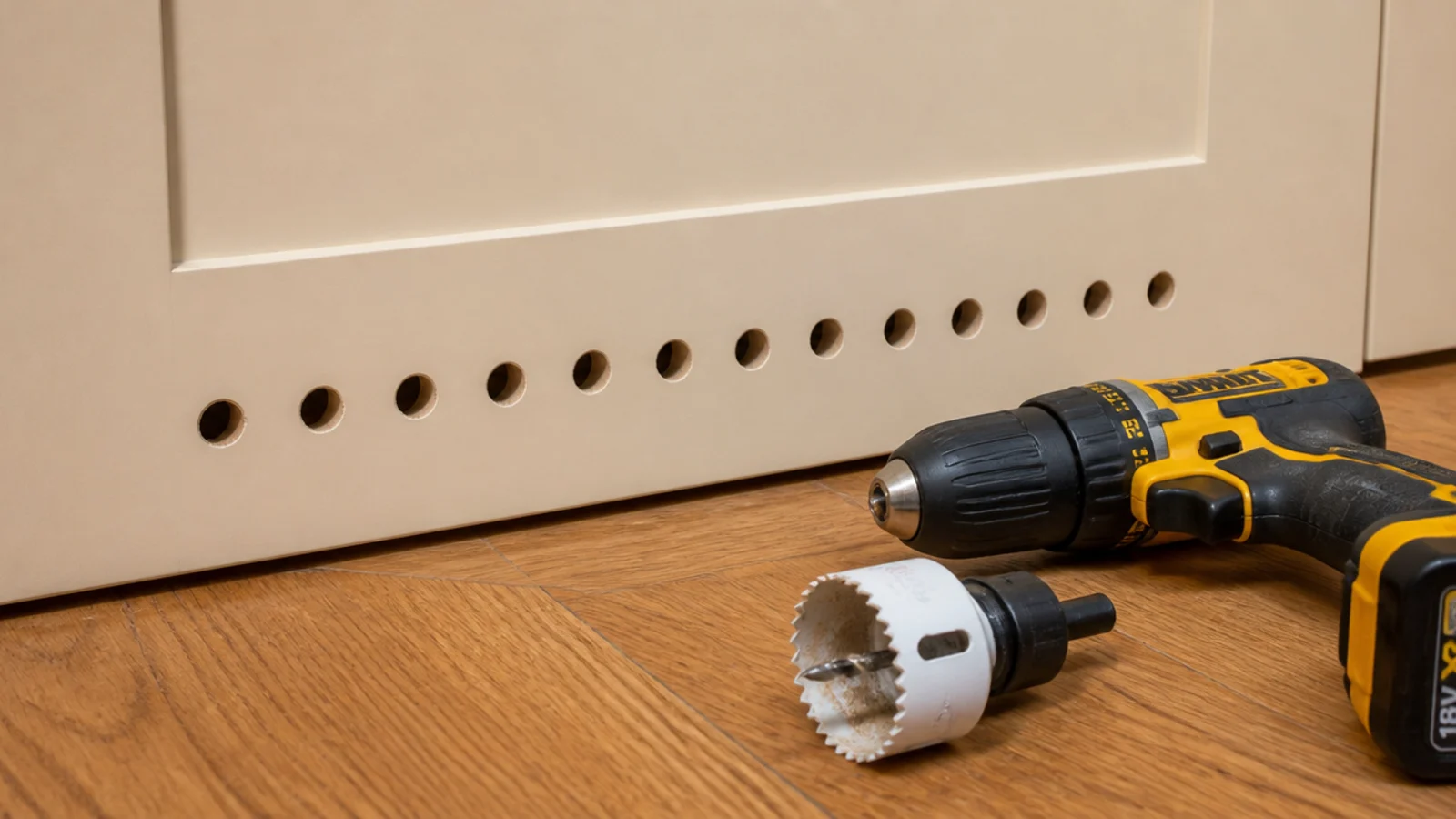 shoe cabinet doors drilled with neat ventilation holes along the base