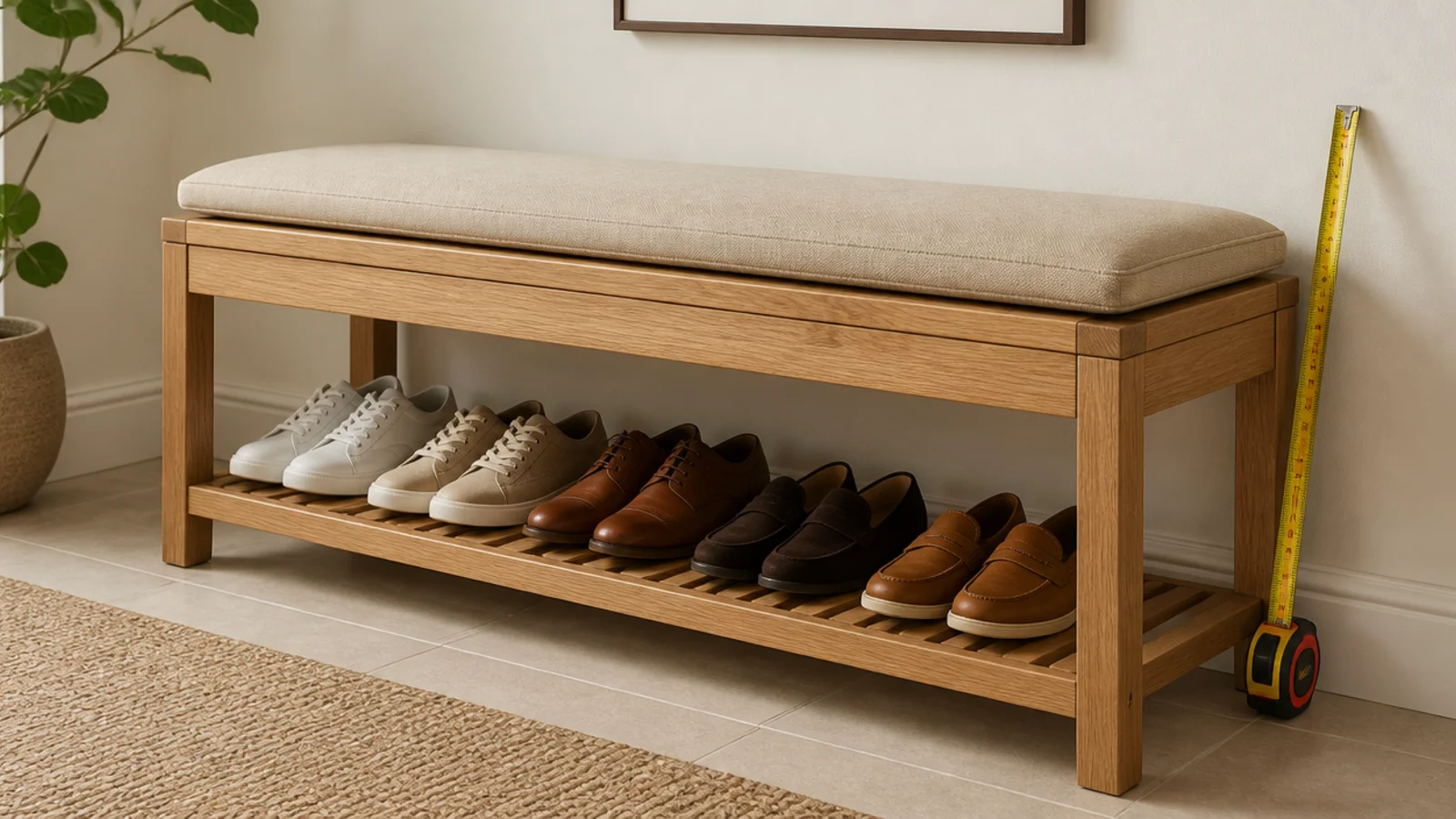 entryway bench rebuilt to seat height with shoes stored underneath