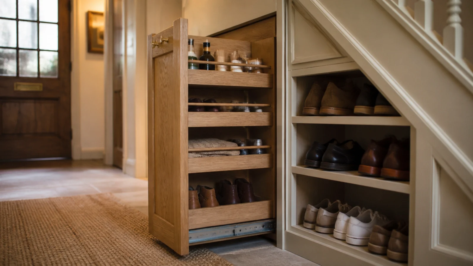 staircase void fitted with a pull out shoe tower and open cubbies
