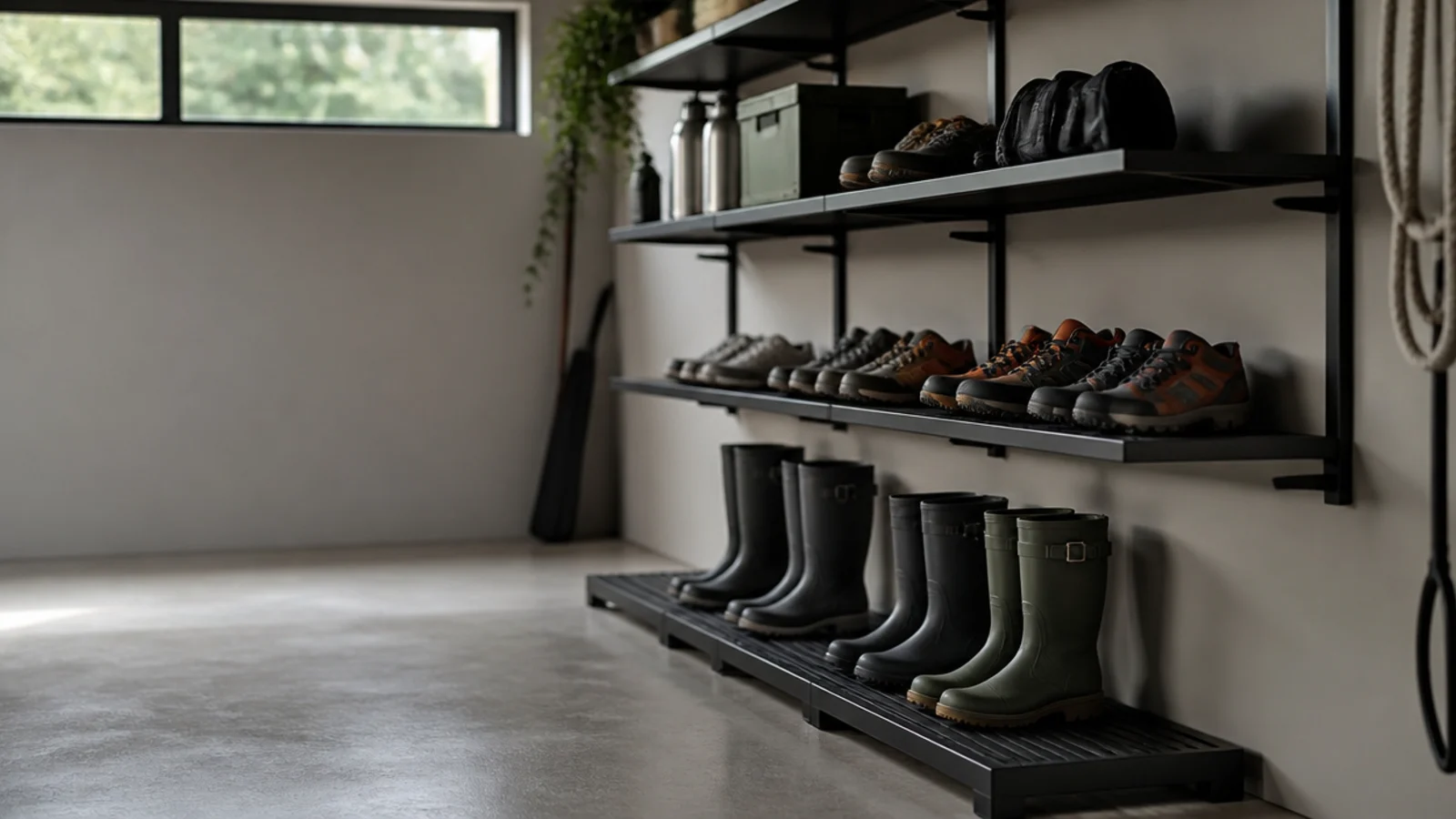 garage wall fitted with vented shelving holding boots and outdoor shoes