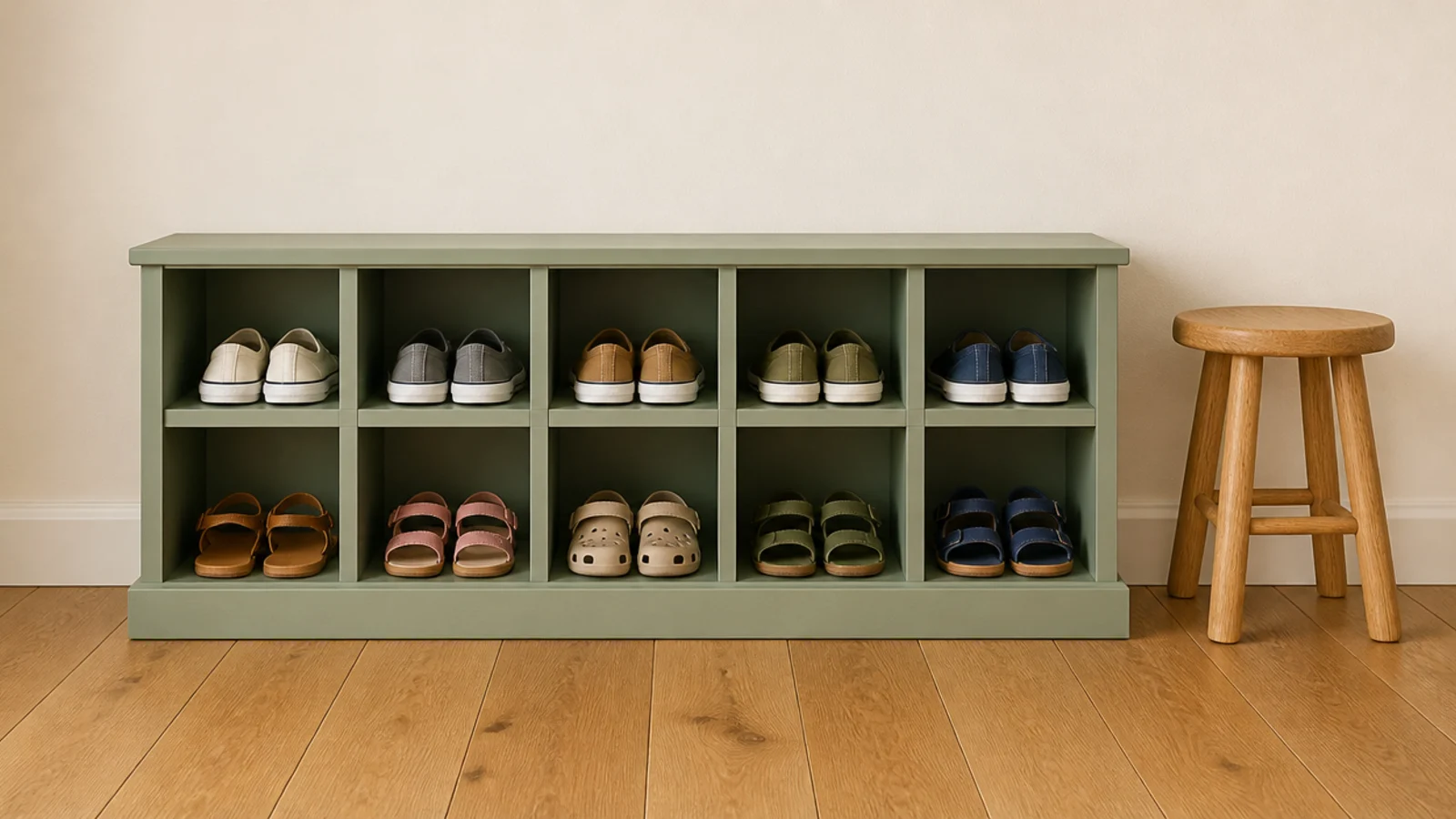 low open cubbies at child height holding small shoes in a hallway