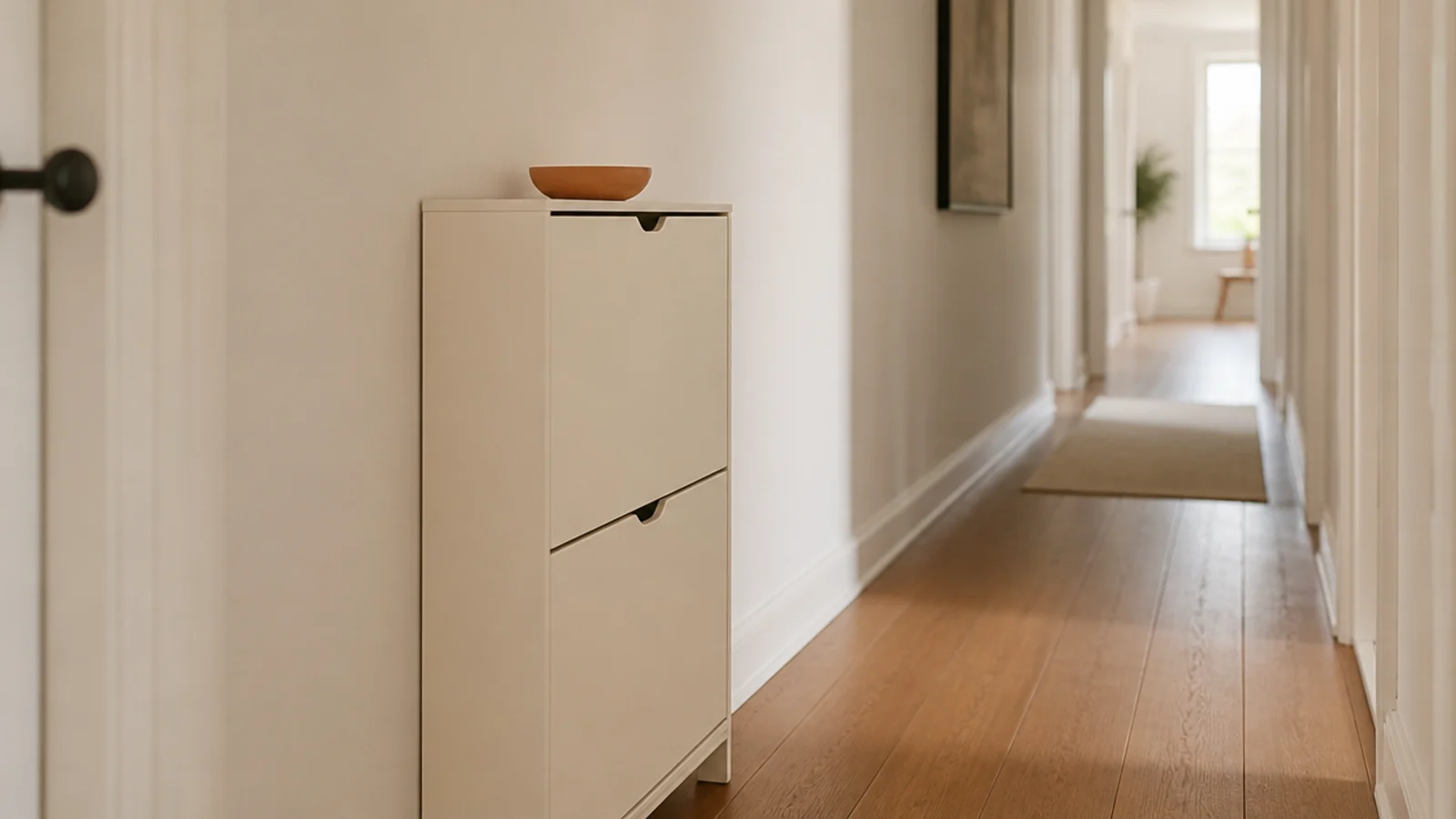 narrow hallway with a slim tilt out shoe cabinet and clear walkway