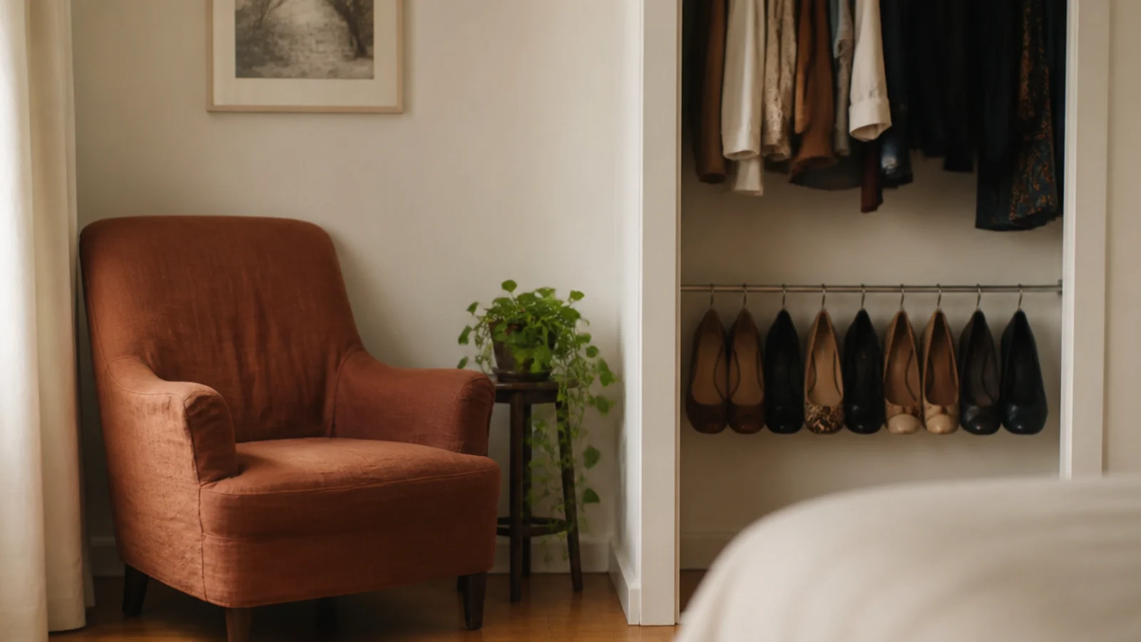 bedroom chair cleared with a slim shoe rail fitted inside the closet