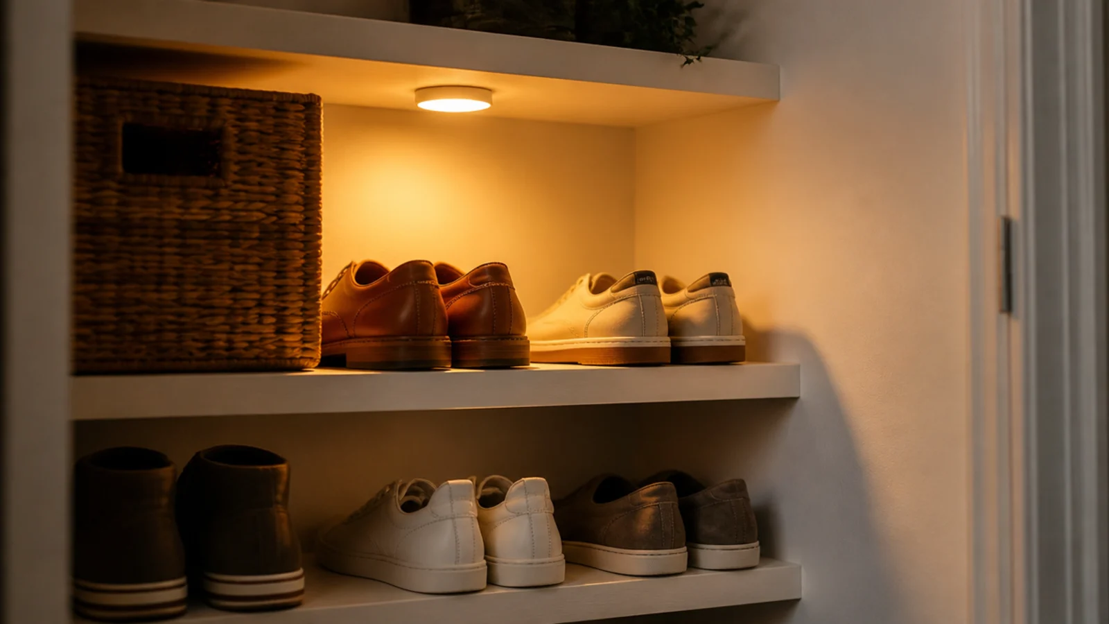 closet corner lit by a warm puck light showing shoes on shelves