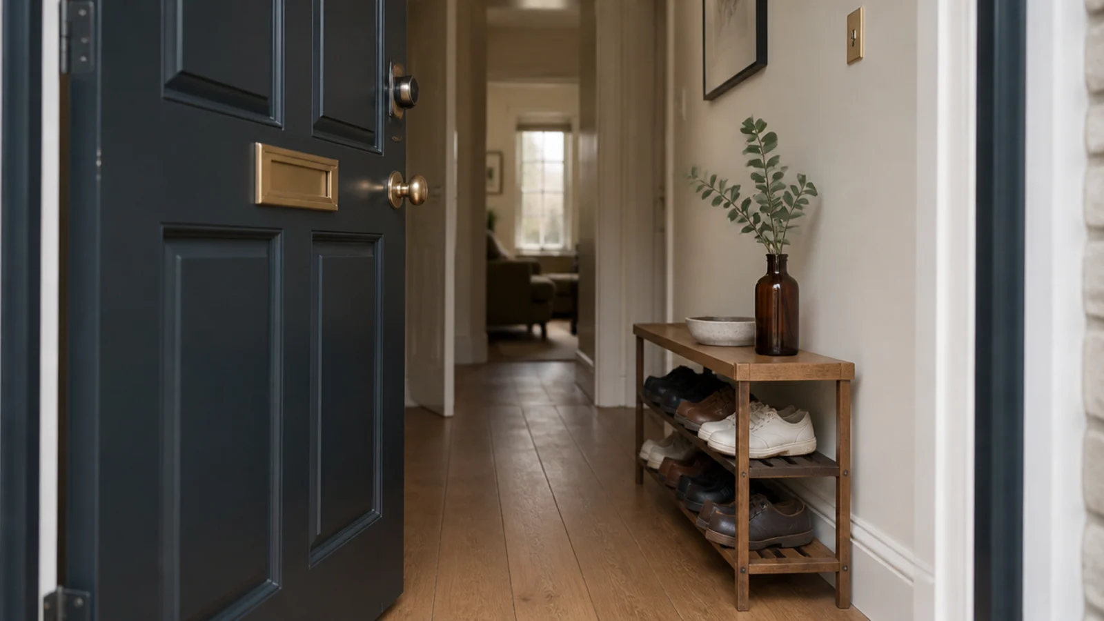 shallow shoe rack repositioned clear of a fully opening front door