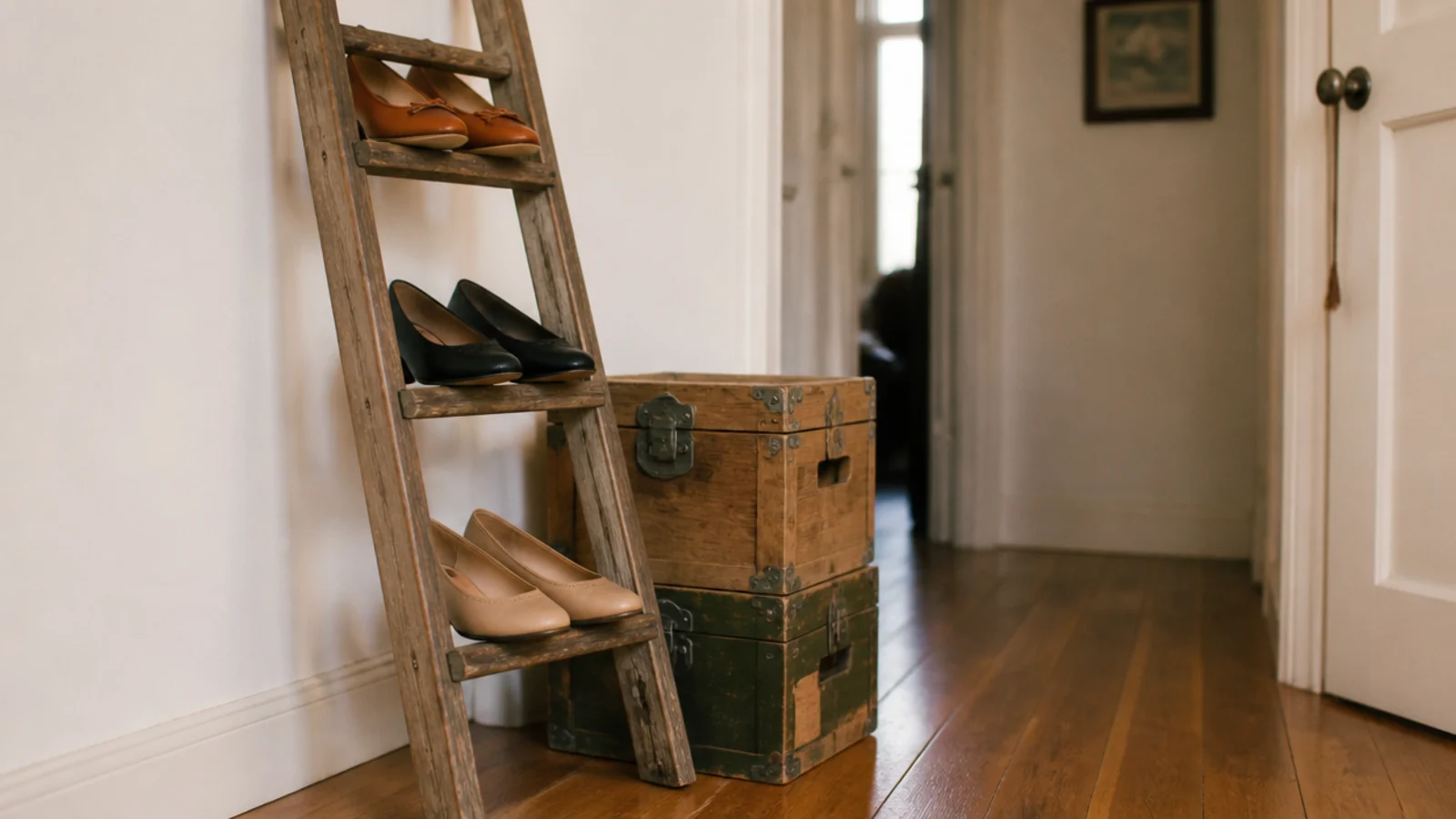 freestanding leaning shoe ladder and crates in a rental hallway