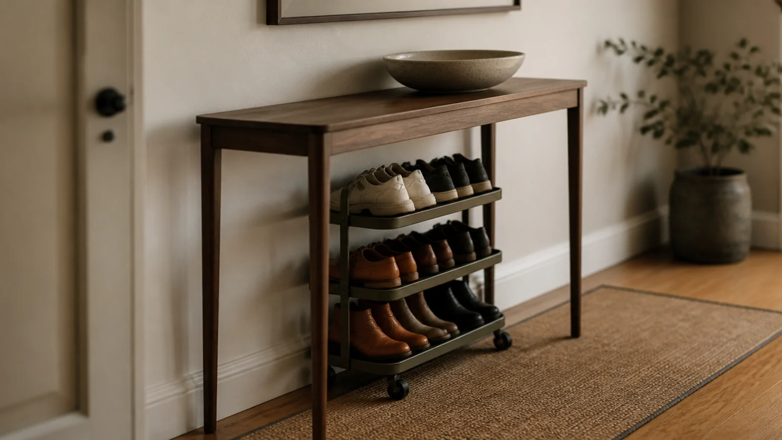 slim console table with a rolling shoe cart tucked neatly beneath