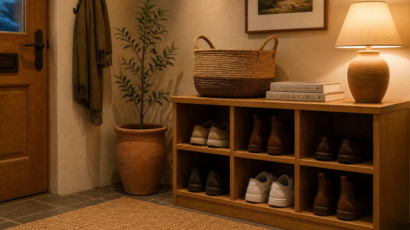 entryway shoe storage warmed by a 2700k bulb showing oak and jute