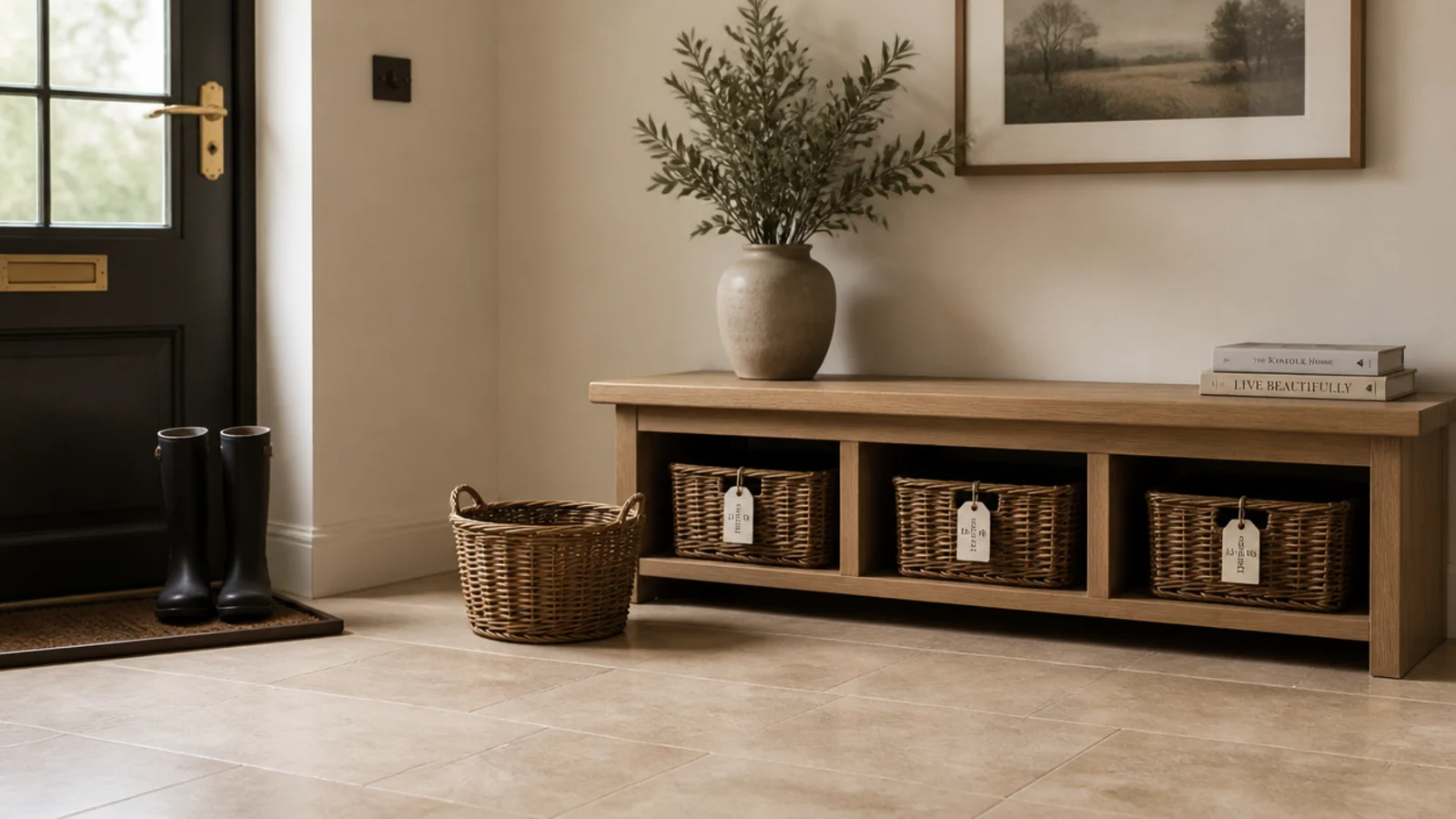 calm finished entryway shoe storage with bench baskets and boot tray