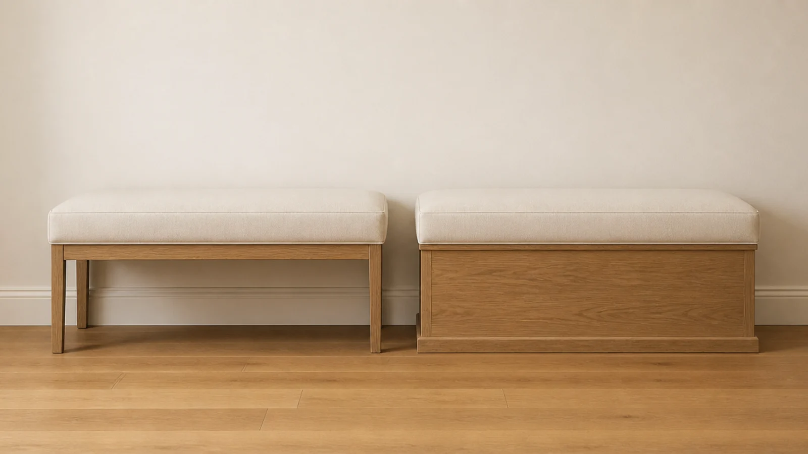 bench with visible legs beside a bench with trim run to the floor