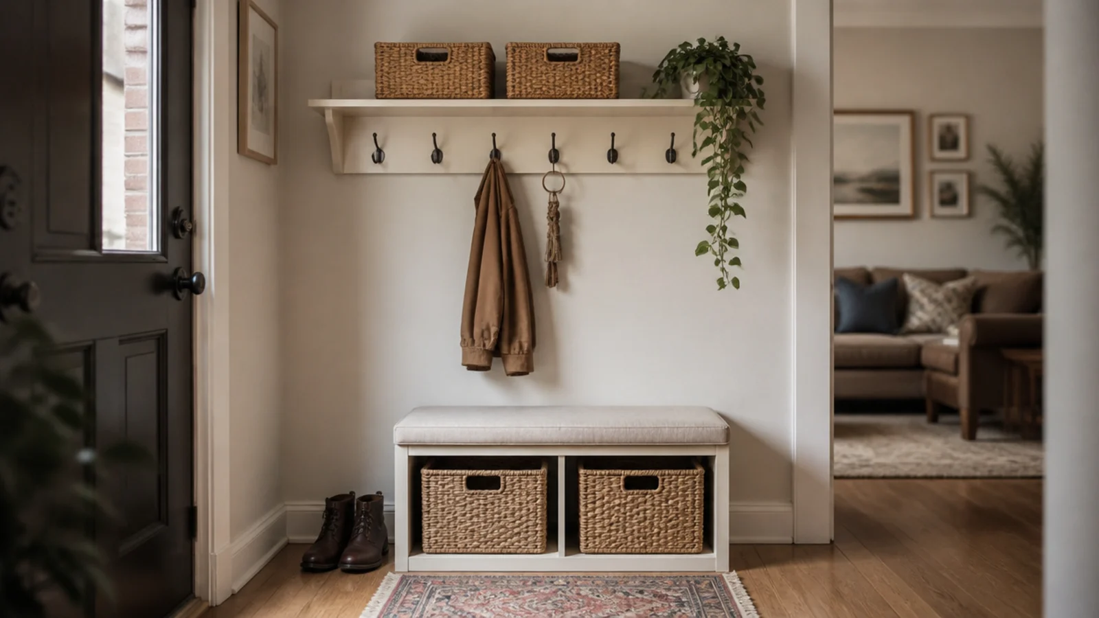 shelf mounted above an entryway bench holding baskets and a plant