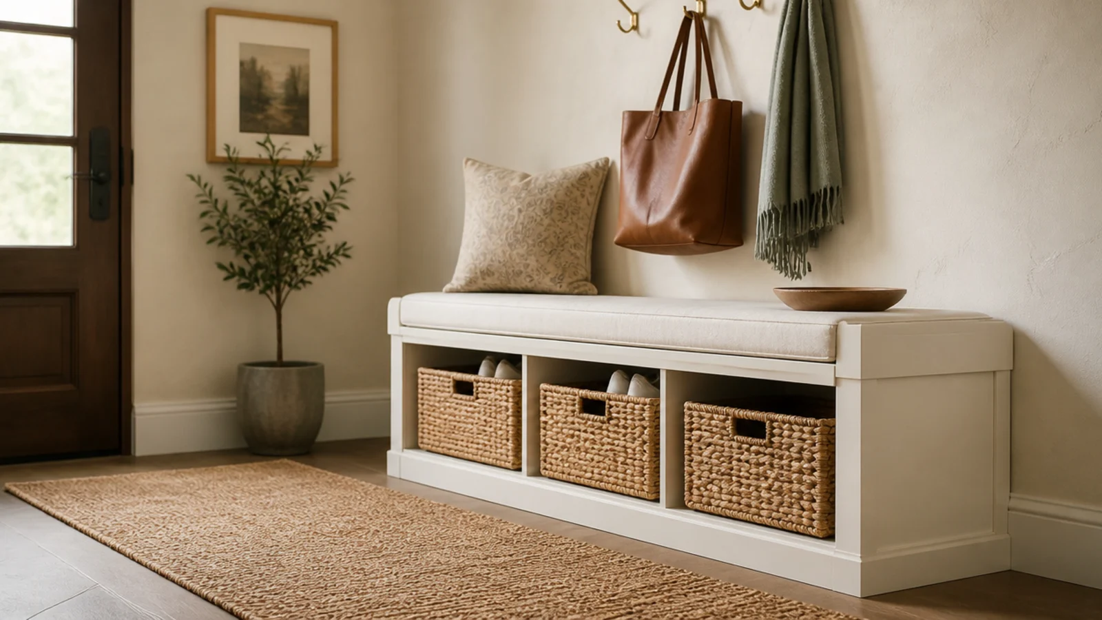 woven runner rug laid in front of an entryway shoe storage bench