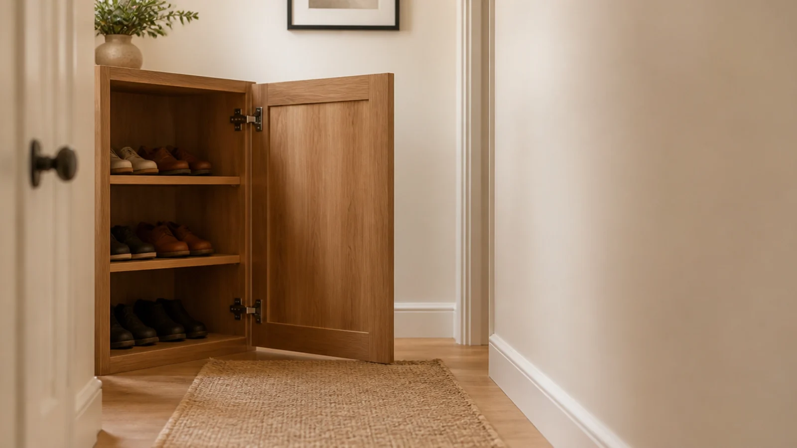 hinged shoe cabinet door open across a hallway showing shelved pairs