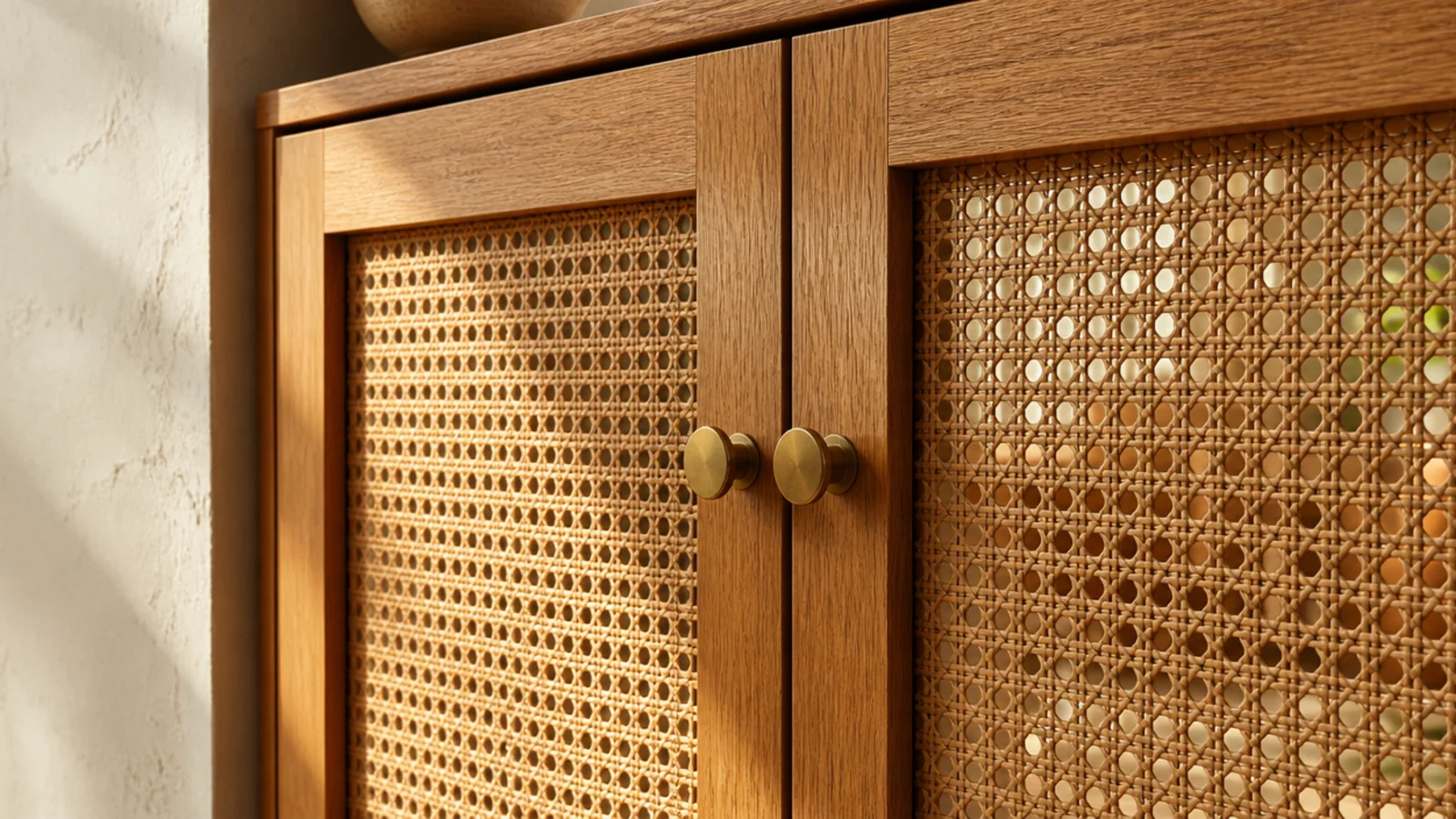 rattan fronted shoe cabinet doors with visible woven ventilation panels