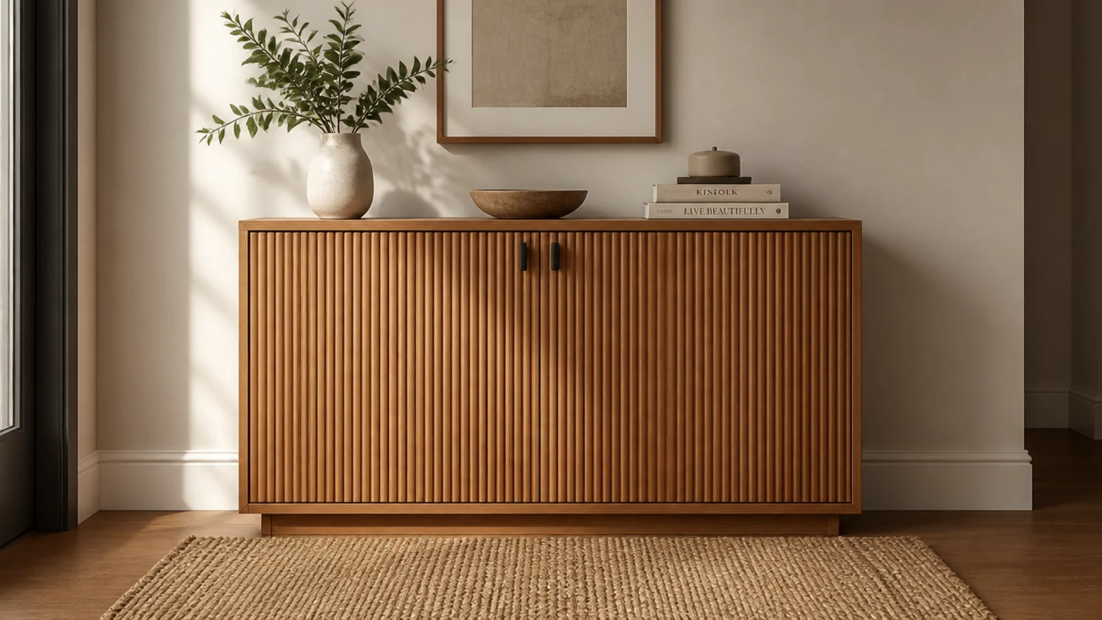 fluted wooden shoe cabinet front catching side light in an entry