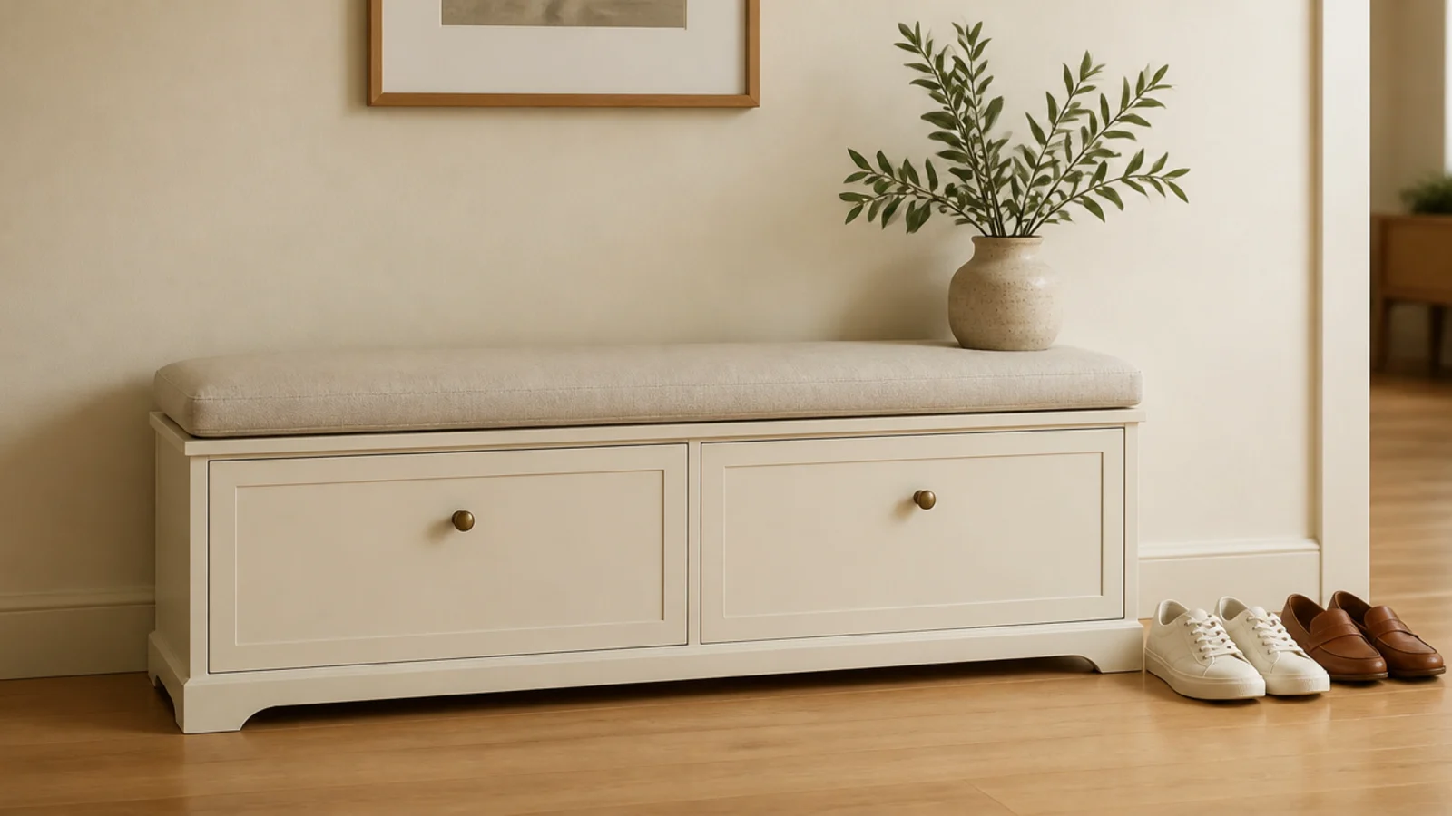 low shoe cabinet with a linen cushion on top used as a bench