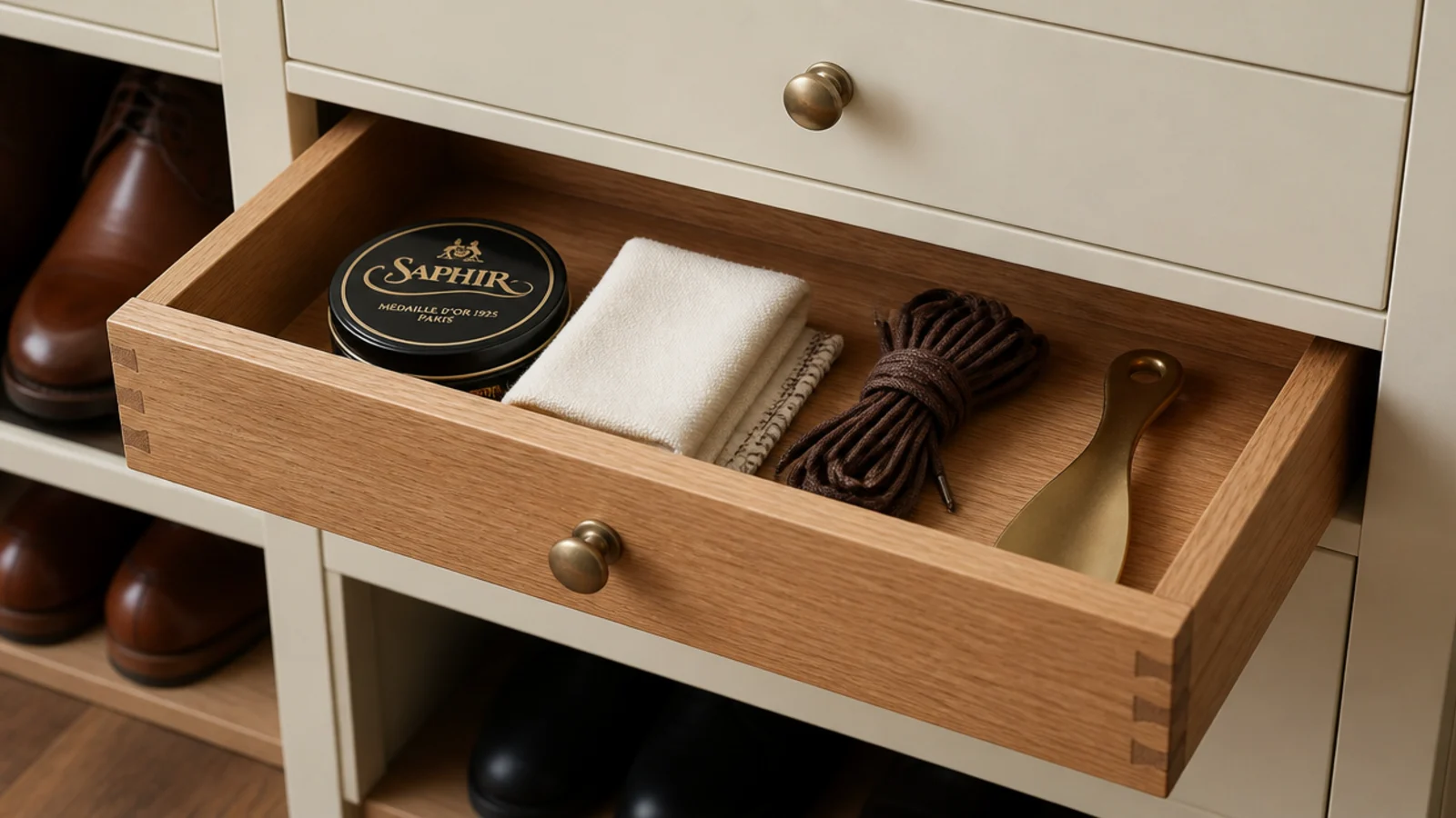 shallow open drawer in a shoe cabinet holding polish cloths and laces