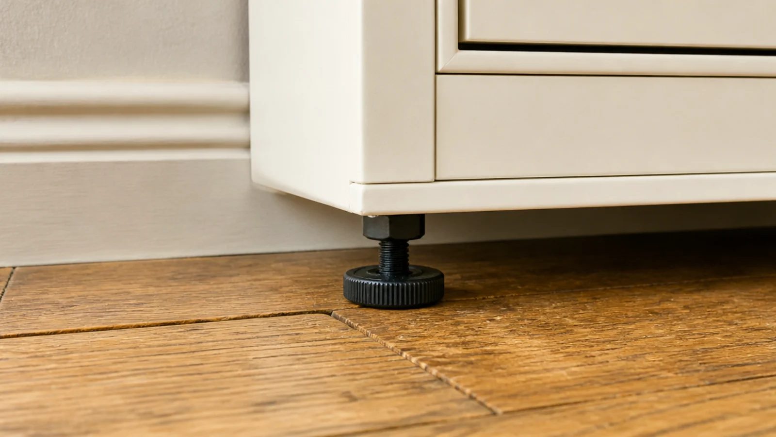 adjustable cabinet foot resting on uneven oak boards under a cabinet