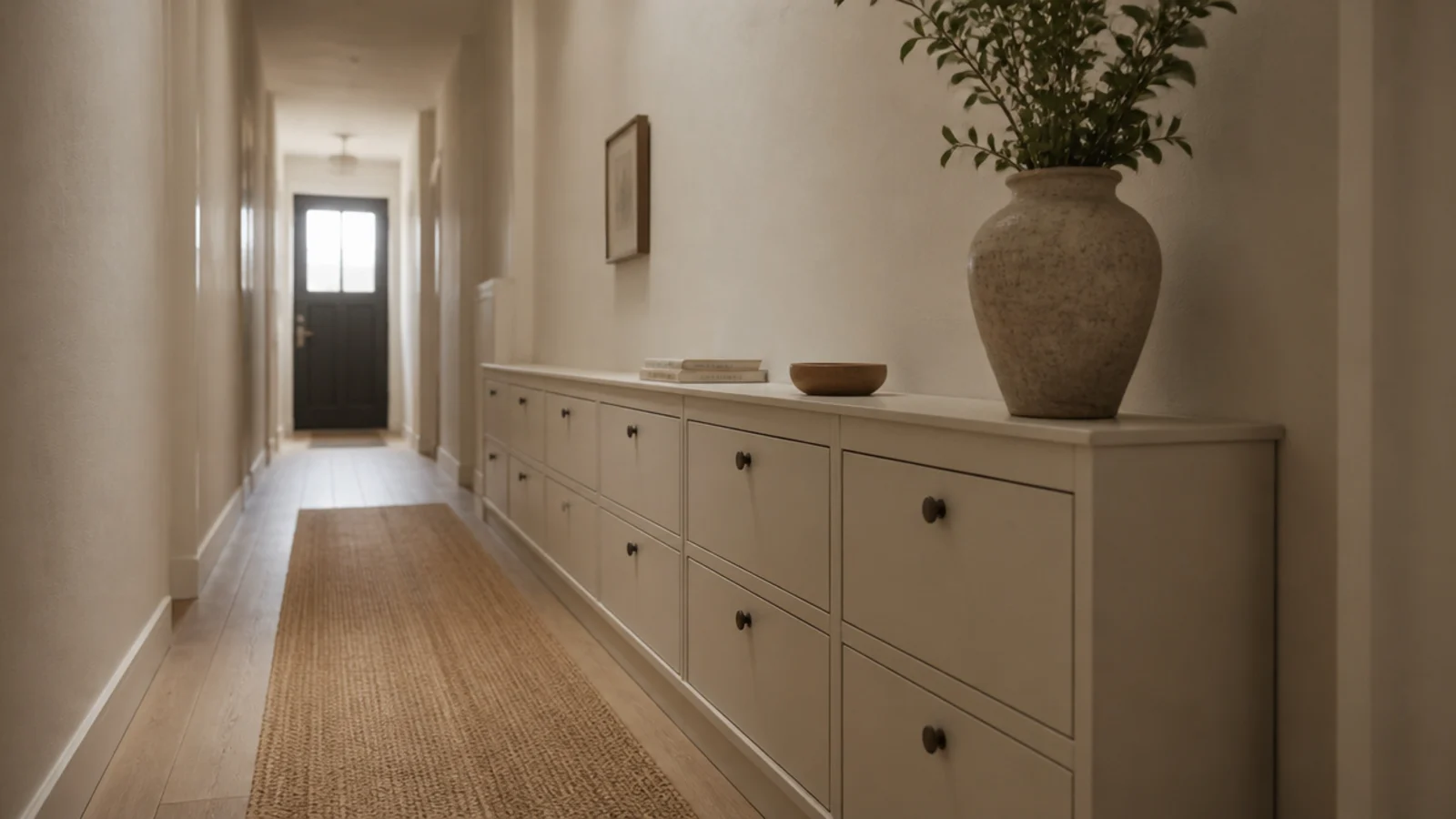narrow hallway with a shallow shoe cabinet keeping the walkway clear